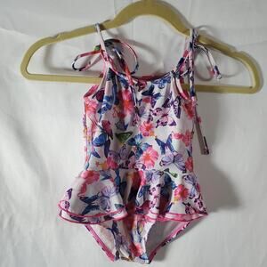 Girls 4T Swimsuit Pink Butterfly Floral Peplum One Piece Bathing Suit Cute